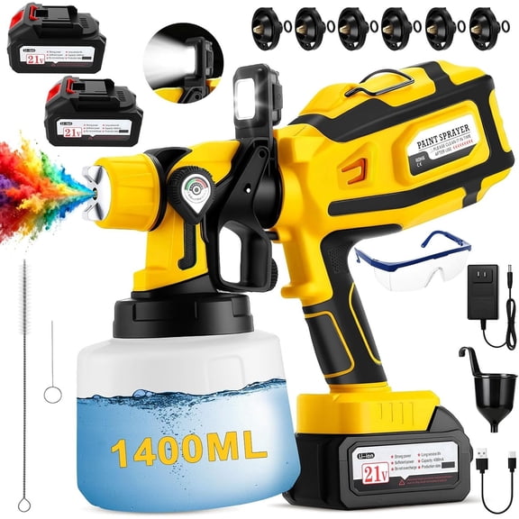 Cordless Sprayer with LED Light, 2 * 4000mAh 21V , 6 Nozzles & 3 Modes, with 1400ML Container, Handheld Sprayer for House Painting Furniture Cabinets, Yellow