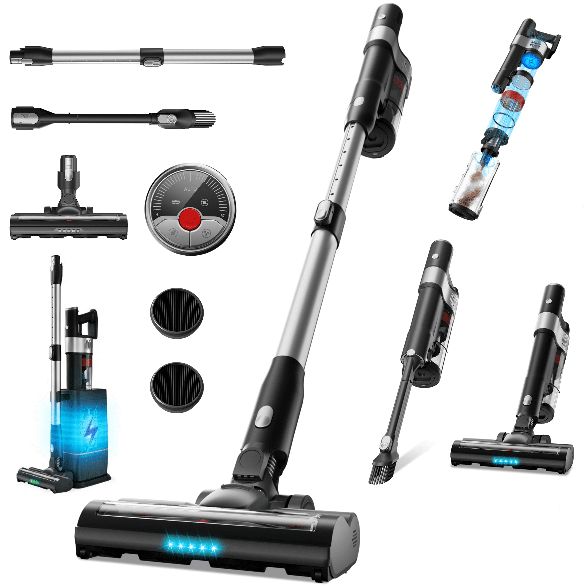 Cordless Vacuum Cleaner, 650W 45KPA 45Mins Self-Standing Vacuum Cleaner with Charging Station for Hard Floor Carpet Car Pet Hair Sofa, Self-Emptying Station, Anti-Tangle Brushroll, LED Headlights