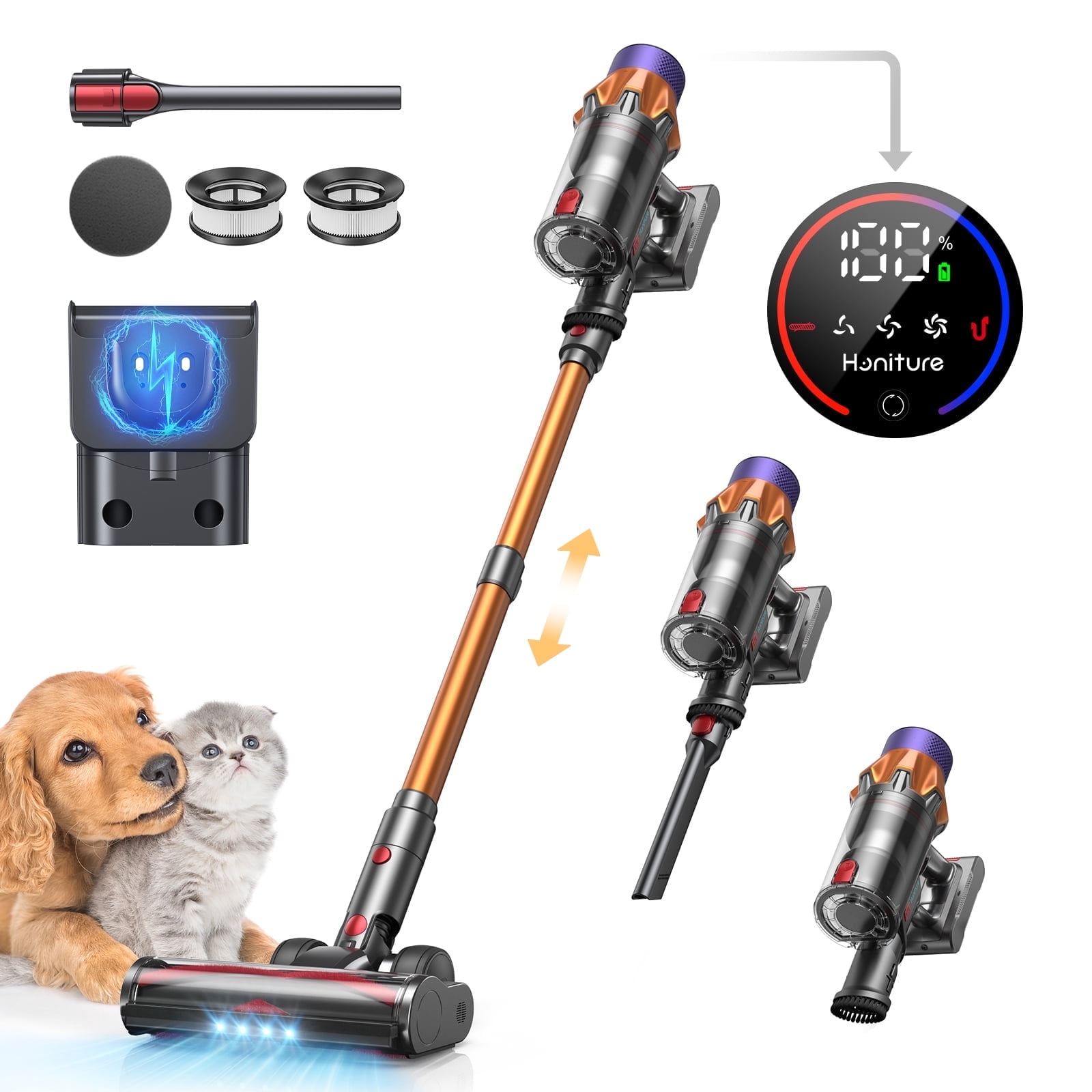 Honiture Cordless Stick Vacuum Cleaner 45000pa, 60 Mins Rechargeable Wireless Vacuum Cleaner for Home 6 in 1 with LED Display, Self-Standing and Wall Honiture Cordless Stick Vacuum Cleaner 45000pa, 60 Mins Rechargeable Wireless Vacuum Cleaner for Home 6 in 1 with LED Display, Self-Standing and Wall