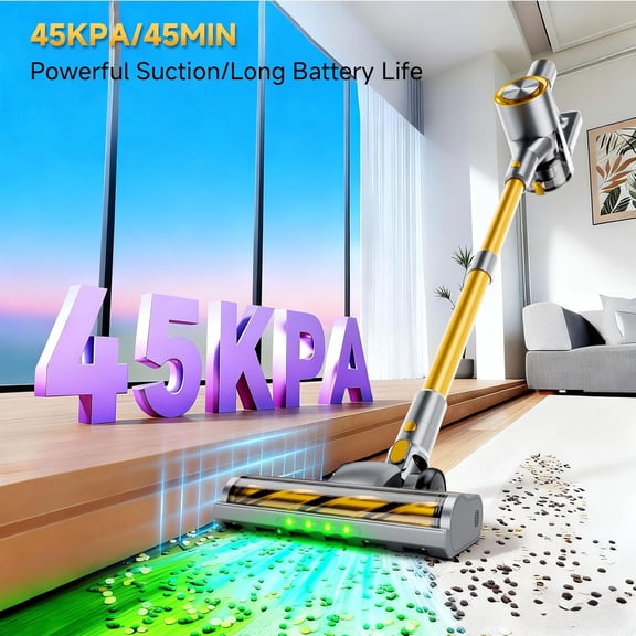 Cordless Stick Vacuum Cleaner - 45KPA Powerful Suction Vacuum with 45 Min Runtime, Detachable Battery, Anti-Tangle & 1.5L Dust Cup, 8 in 1 Vacuum Cleaner for Pet Hair, Carpet, HardFloor, Yellow