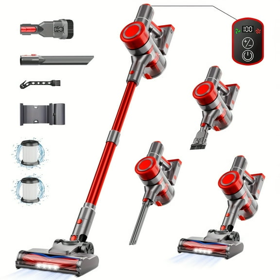 Cordless Stick Vacuum Cleaner - ONE-TOUCH Operation, 45kPa Powerful Suction, HEPA Filter, 45 Mins Runtime, Lightweight Handheld for Hardwood, Carpets, Pet Hair (Red)