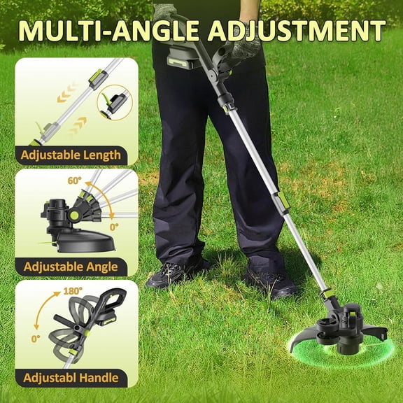 Cordless String Trimmer 20V – 12-Inch Electric Weed Wacker & Lawn Edger with 2×2.0Ah Batteries, 8 Spools, Fast Charger & Wheels for Garden, Yard & Lawn Maintenance