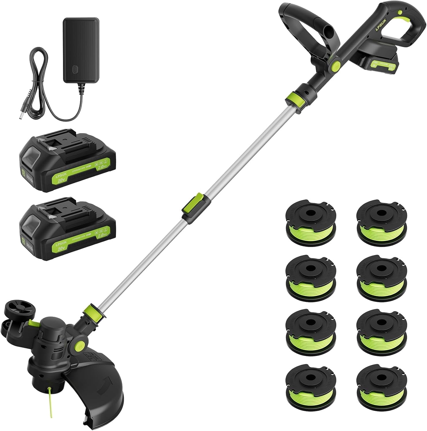 Cordless String Trimmer 20V – 12-Inch Electric Weed Wacker & Lawn Edger with 2×2.0Ah Batteries, 8 Spools, Fast Charger & Wheels for Garden, Yard & Lawn Maintenance