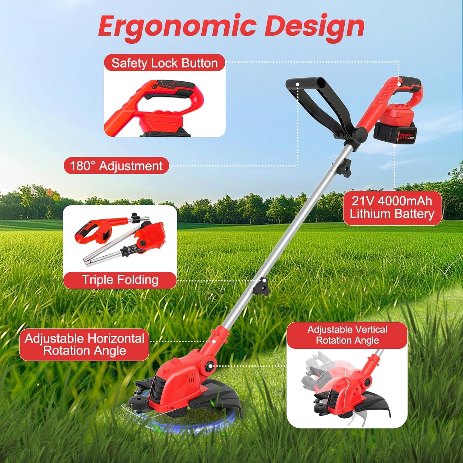 Cordless String Trimmer & Edger, 21V Weed Wacker with 2x4.0Ah Batteries & Fast Charger, 12" Automatic Feed Grass Trimmer, 2-in-1 Electric Weed Eater for Garden Edge Lawn Tool-Red