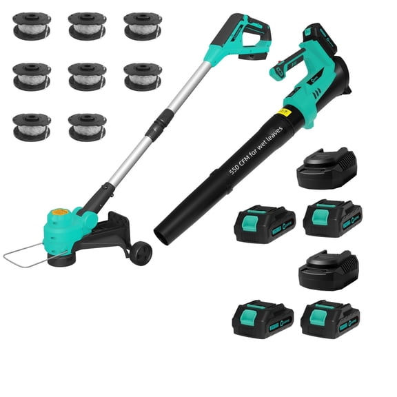Cordless String Trimmer & Leaf Blower Combo 20V – 12" Auto Feed Weed Wacker with 550 CFM Airflow – 4×2.0Ah Batteries & Fast Chargers