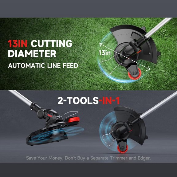 Cordless String Trimmer with Auto Feed 2 in 1 Electric Grass Trimmer Battery Powered 13" Edger and Weed Trimmer$$Garden & Patio