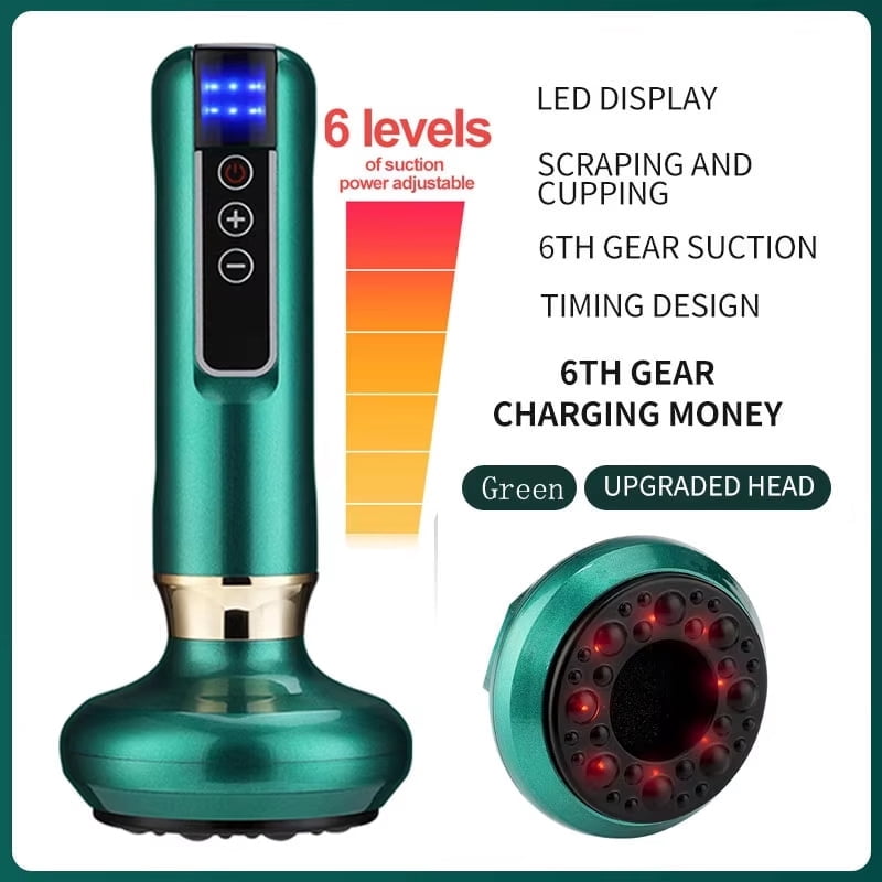Cordless Suction Body Massager – Electric Gua Sha Device, 6 Levels, Digital Display, USB Rechargeable, Washable, Green