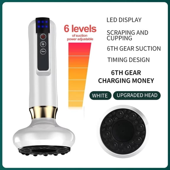 Cordless Suction Body Massager – Electric Gua Sha Device, 6 Levels, Digital Display, USB Rechargeable, Washable, White