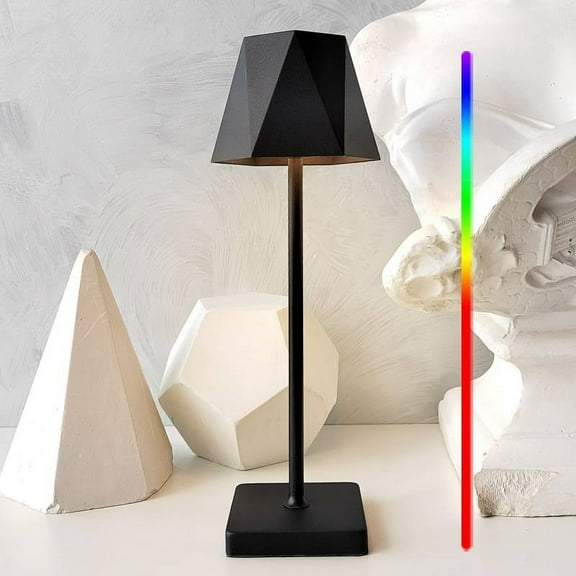 Asibpxy 14" Modern Cordless Matte Black Aluminum Table Lamp with Black Geometric Shade