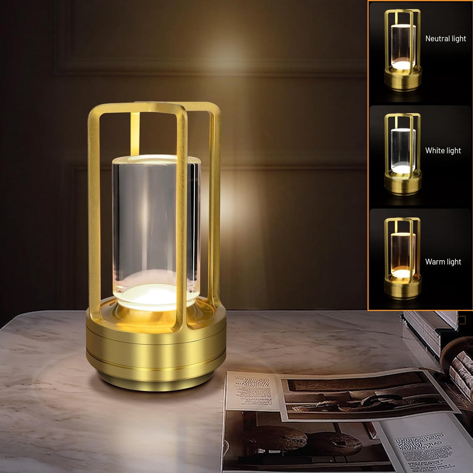 Portable Metal Desk Lamp,Cordless Table Lamp for Outdoor Indoor,Rechargeable LED Crystal Lantern Lamp,3 Color Stepless Dimming Touch,Battery Powered Table Light for Bedroom Restaurant (Gold) - Walmart.com