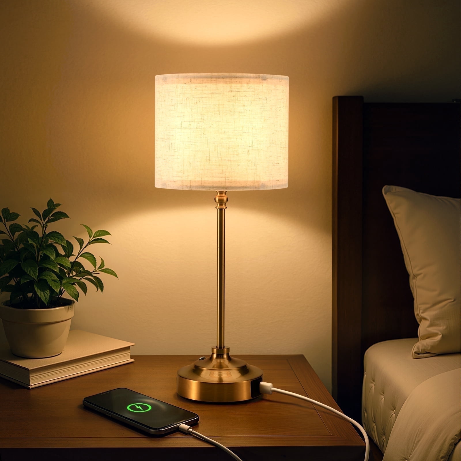 Combuh Cordless Bedside Table Lamp for Bedroom 6000mAh Battery Operated, Rechargeable Dimmable Touch Small Nightstand Lamps With USB C Charging Ports and AC Outlet for Living Room Office