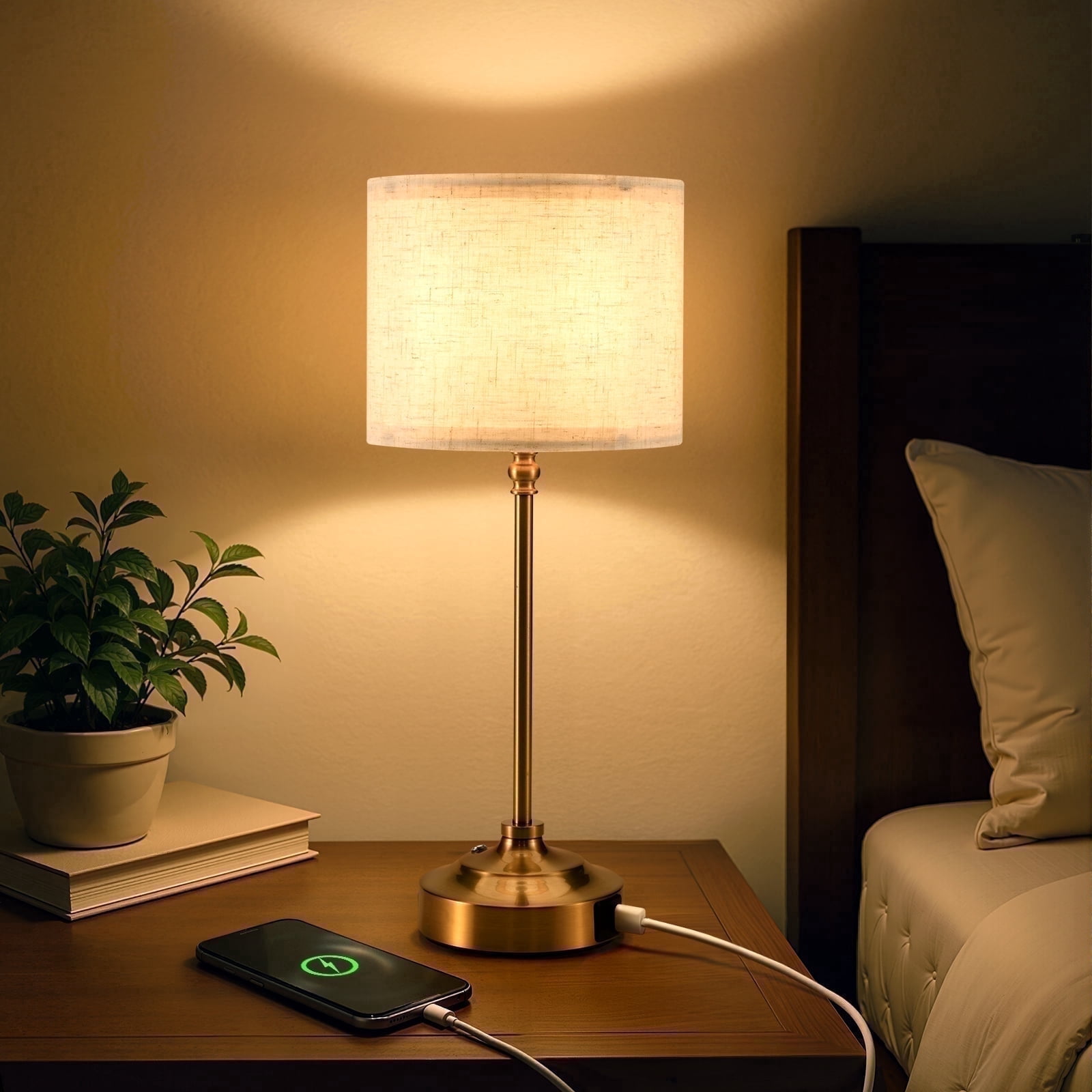 Combuh Cordless Bedside Table Lamp for Bedroom 6000mAh Battery Operated, Rechargeable Dimmable Touch Small Nightstand Lamps With USB C Charging Ports and AC Outlet for Living Room Office