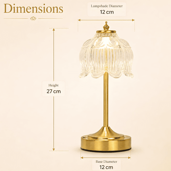 Cordless Table Lamp, Rechargeable Clear Glass Lotus Flower Lamp | 5200mAh touch lamp with 3 color modes and stepless dimming, battery operated lamp for nightstands and kitchen counters White