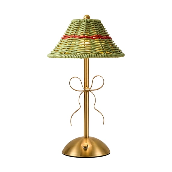 Handwoven Cordless Wicker Table Lamp with Bow,Rechargeable Vintage Nightstand Light,Dimmable Warm Lighting for Christmas Bedroom Dining Room Decor