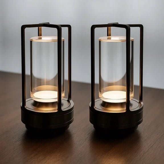 Cordless Table Lamp with Rechargeable Touch Dimmable LED, 2 Pack Metal Lantern, Black Silver