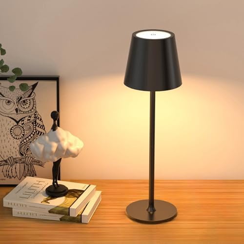 Cordless Table Lamps Rechargeable, 3 Adjustable Height, 5000mAh Battery Operated, 3 Colors Smooth Dimming, Portable LED Waterproof Table Lamp for Dining, Bedroom, Outdoor- Black