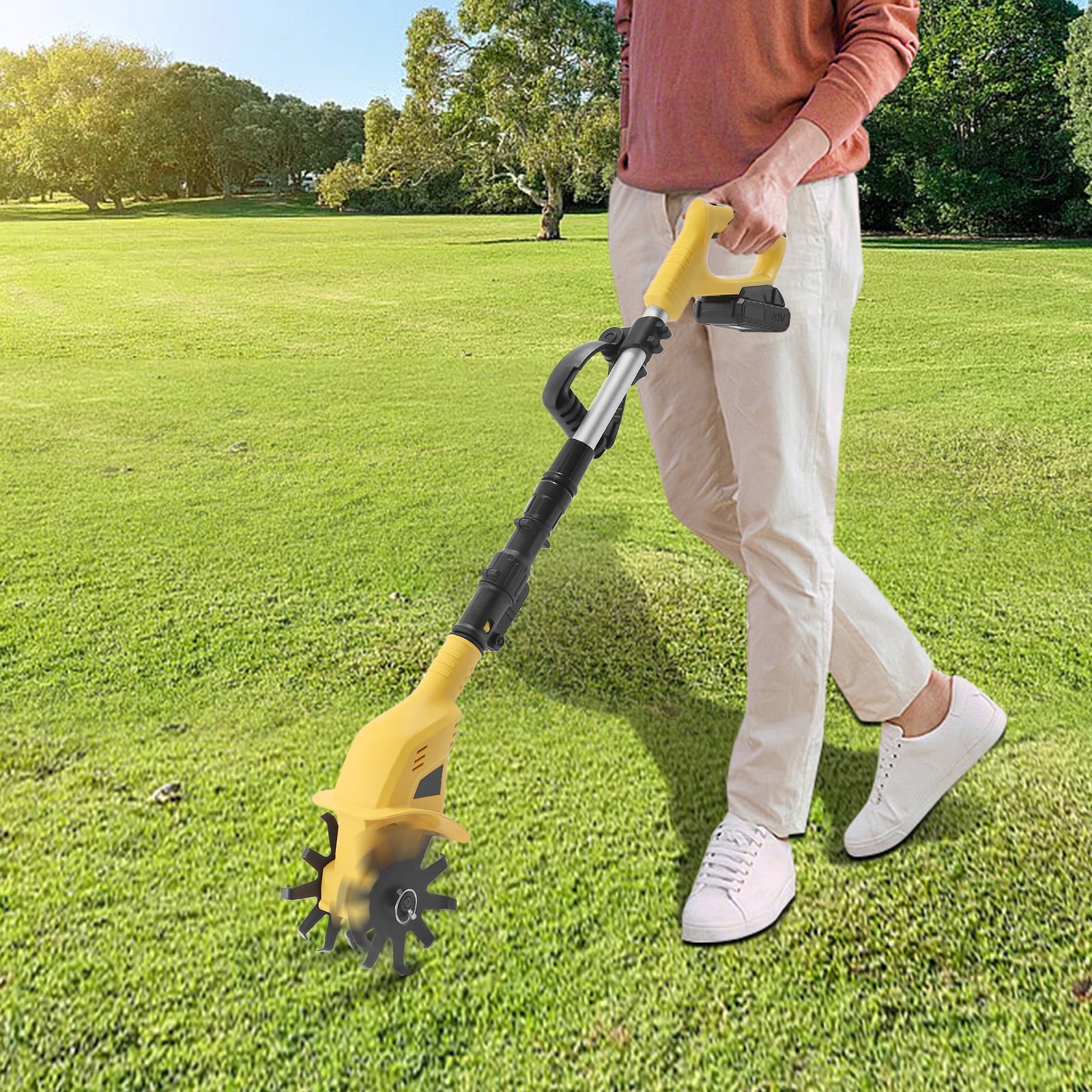 Cordless Tiller Cultivator, 20V 250RPM Electric Tiller, 3.9inch Wide Battery Powered Garden Cultivator, Extendable Pole for Lawn,Yard,Soil Cultivation