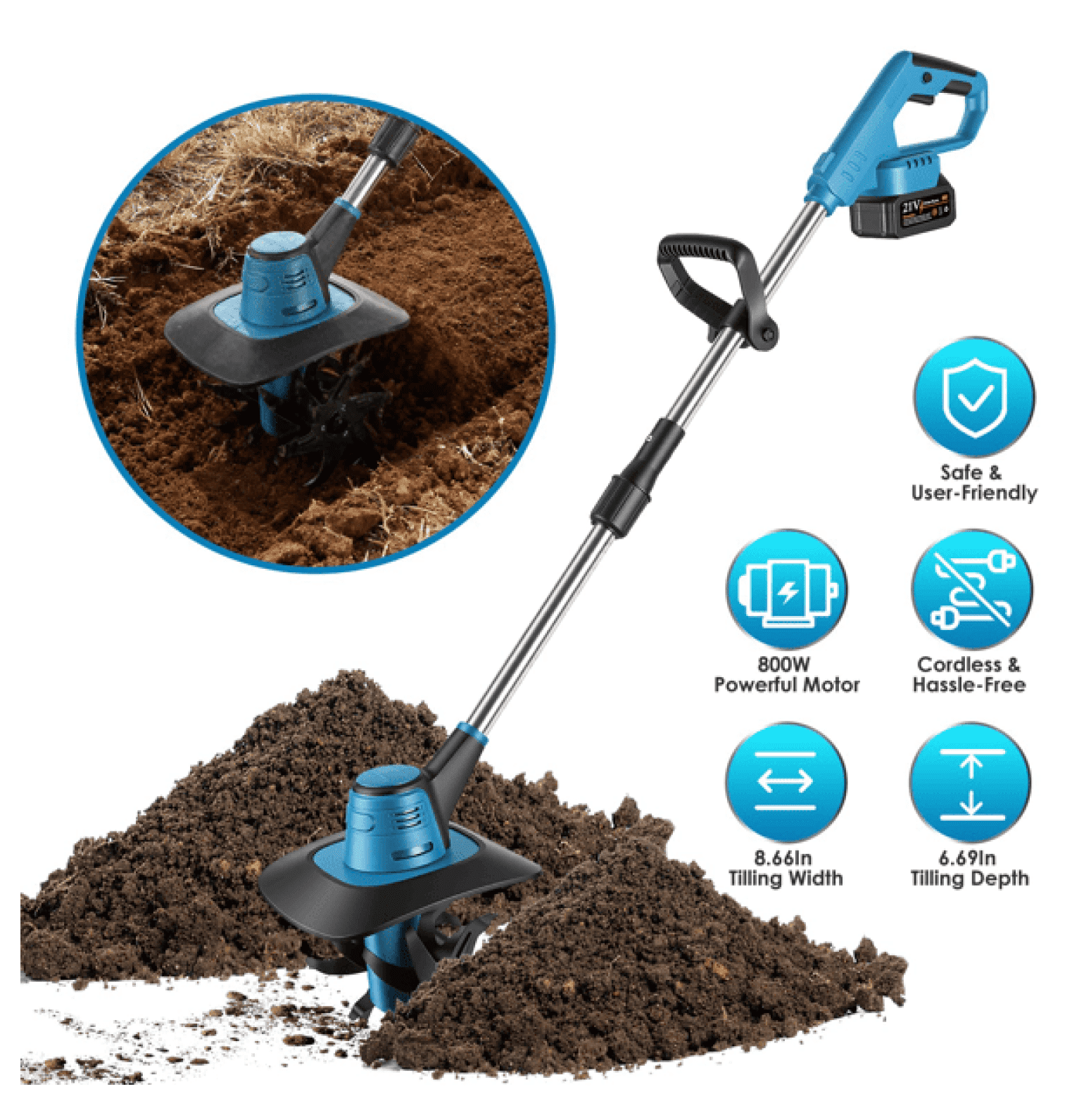 Cordless Tiller Cultivator 800W Electric Soil Tiller, 21V Battery Powered Garden Cultivator with 6.69" Depth & 8.66" Width for Yard Planting, Weed Removal