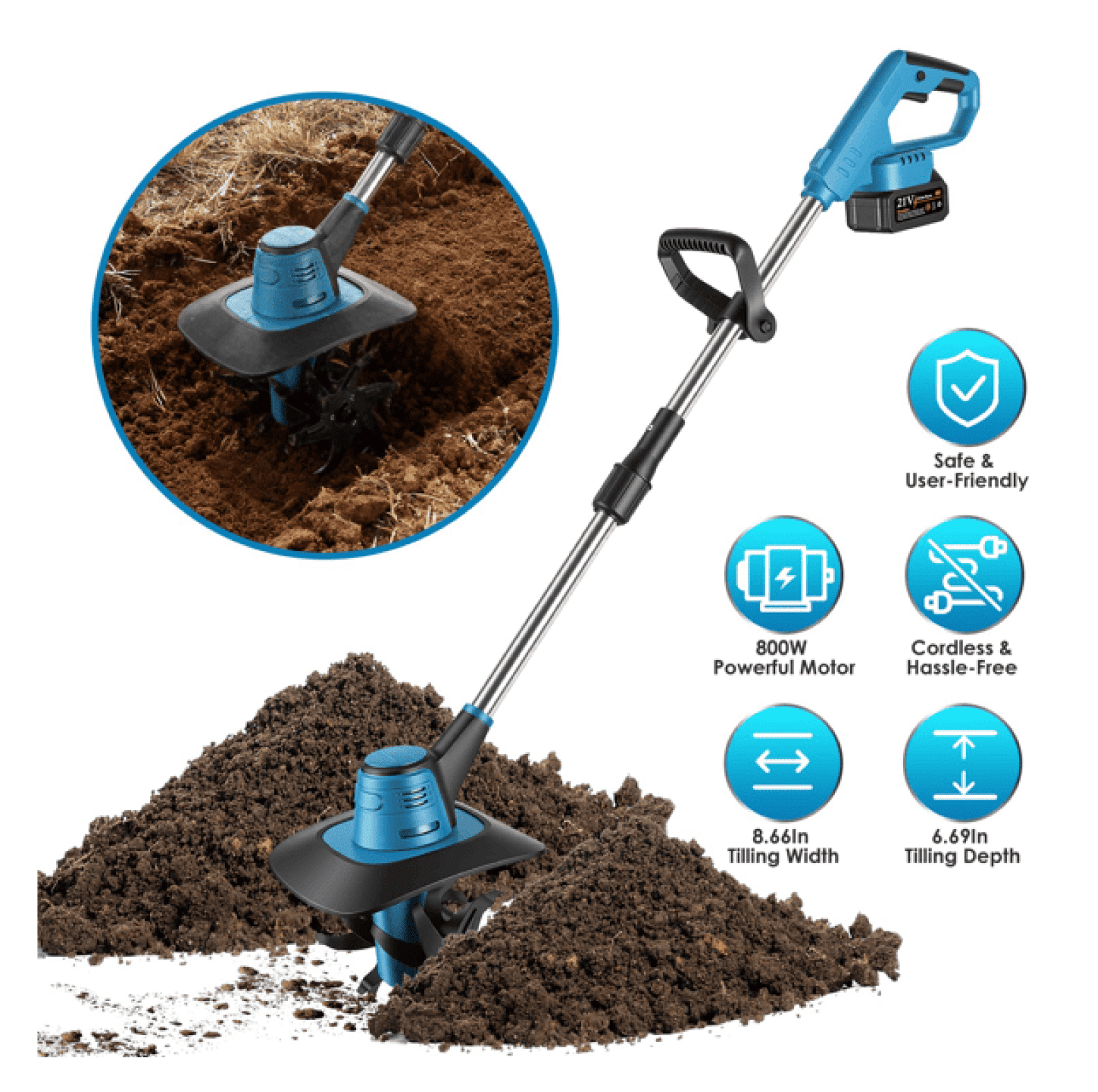 Cordless Tiller Cultivator 800W Electric Soil Tiller, 21V Battery Powered Handheld Garden Cultivator with 6.69" Depth, for Yard Planting Weed Removal