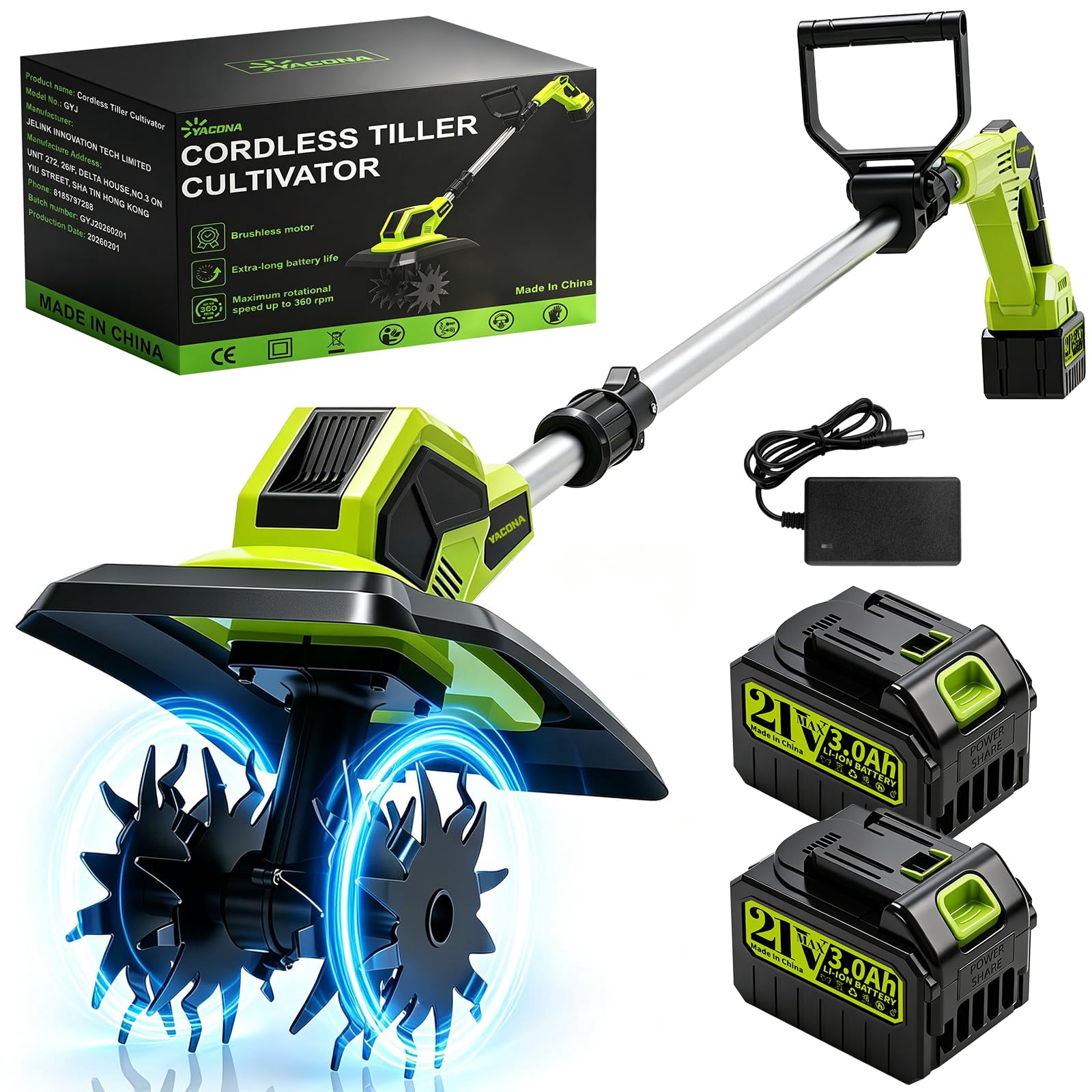 Yacona Cordless Garden Tiller Cultivator, 400RPM Electric Tiller for Gardening, Battery Powered Rototiller, with 2 x 3.0Ah Batteries, Green