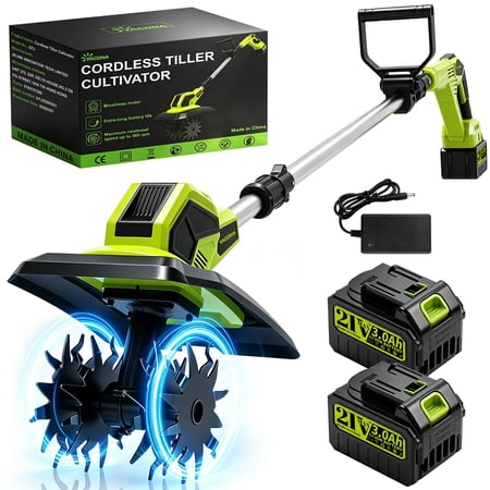 Yacona Cordless Garden Tiller Cultivator, 400RPM Electric Tiller for Gardening, Battery Powered Rototiller, with 2 x 3.0Ah Batteries, Green