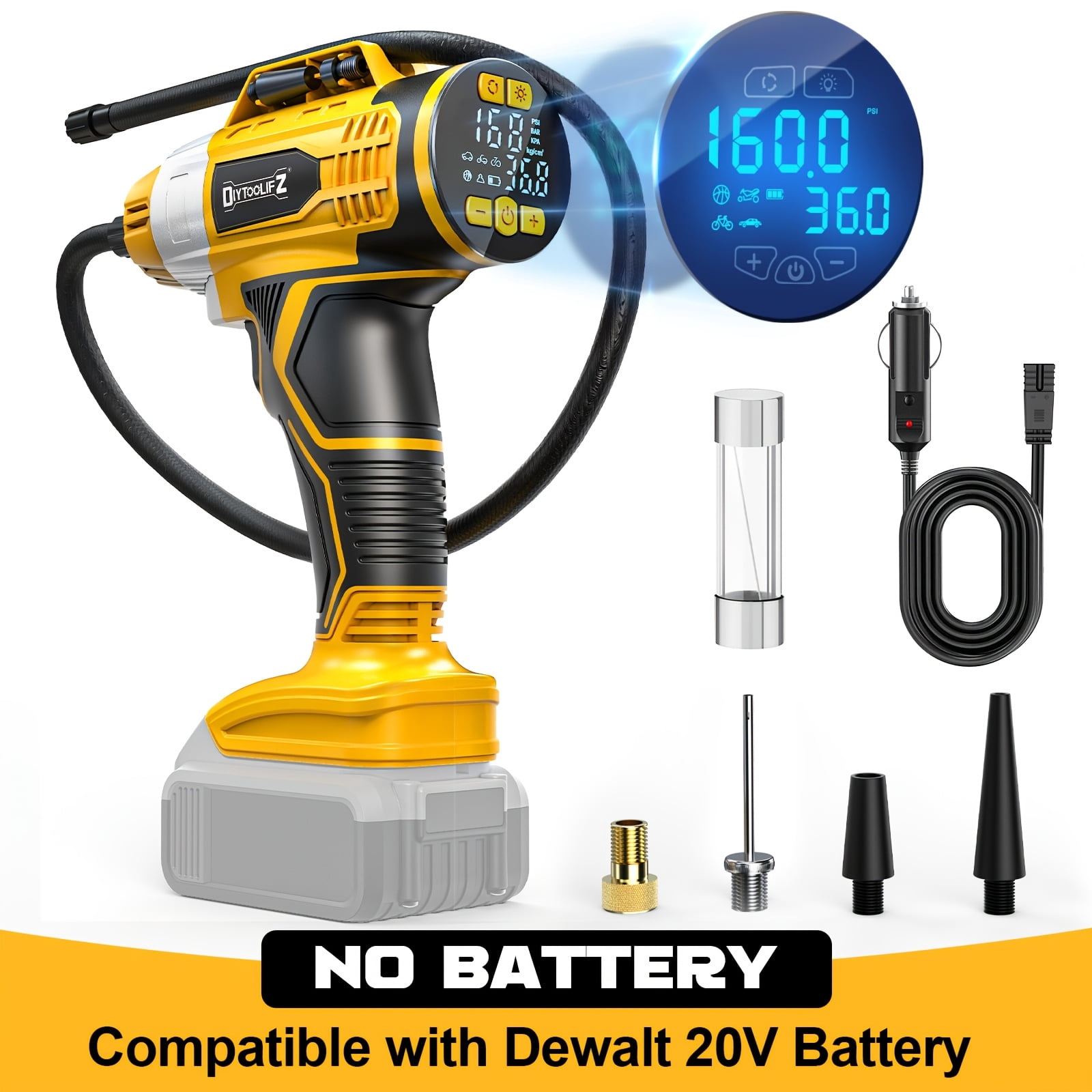 Cordless Tire Inflator for Dewalt 20V Battery, 27mm Cylinder 160PSI 42L/Min Portable Air Pump with Digital Gauge, Auto Shut Off, 12V 3.66M Cord, for Cars Motorcycles Bicycles Balls.