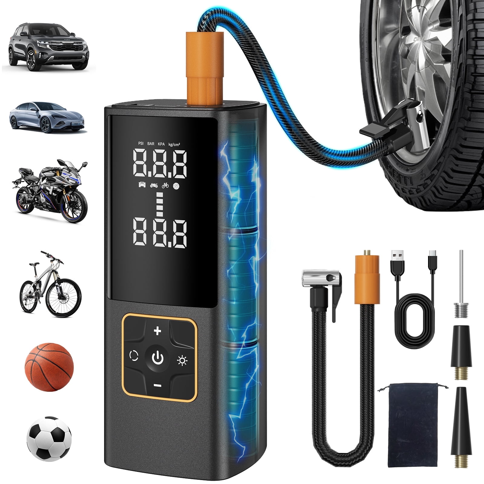 Cshidworld Tire Inflator Portable Air Compressor - 3X Faster 150 PSI Cordless Bike Pump with Digital Dual Values Display, Tires Air Pump with LED Lights & Press