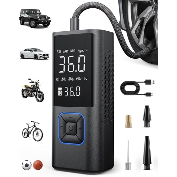 Cordless Tire Inflator Portable Air Compressor Air Pump with Auto Shutoff Function for Car Tires, Inflatables, Motorcycle, Balls, Compact Bike Tire Pump with LED Light, Red, Large