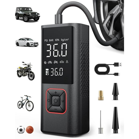 Cordless Tire Inflator Portable Air Compressor Air Pump with Auto Shutoff Function for Car Tires, Inflatables, Motorcycle, Balls, Compact Bike Tire Pump with LED Light, Red, Large