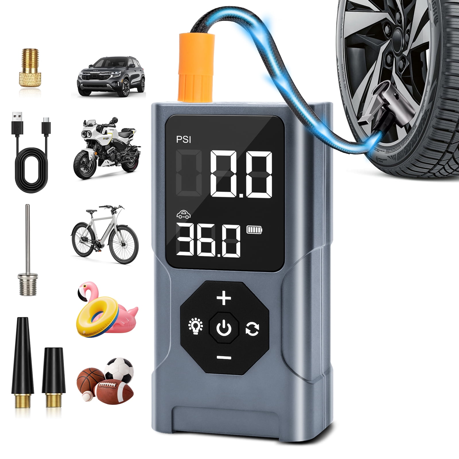 Cordless Portable Tire Inflator Air Compressor for Car, 150 PSI Auto-Pause Tire Pump with LED Light & Power Bank, for Motorcycle, Bicycles, Sports Balls, Pool Floats & Inflatable Toys