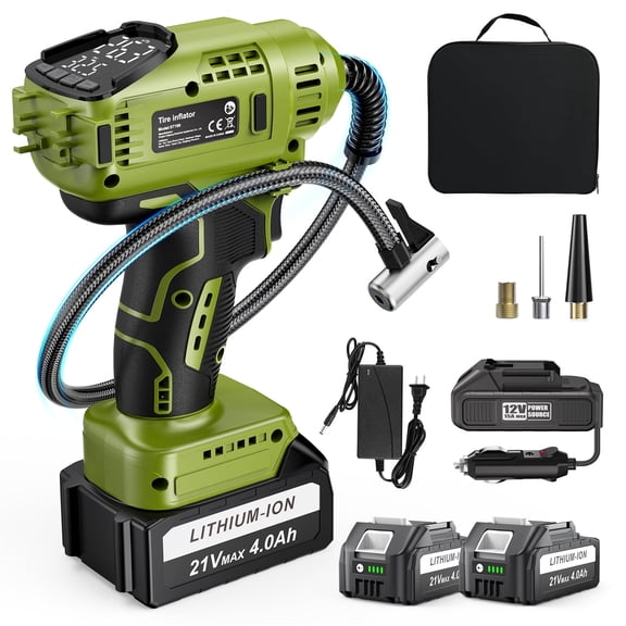 Cordless Tire Inflator Portable Air Compressor with 2Pack 21V 4000mAhBattery Powered Air Pump Portable Tire Inflator for Car 150PSI, LED Light