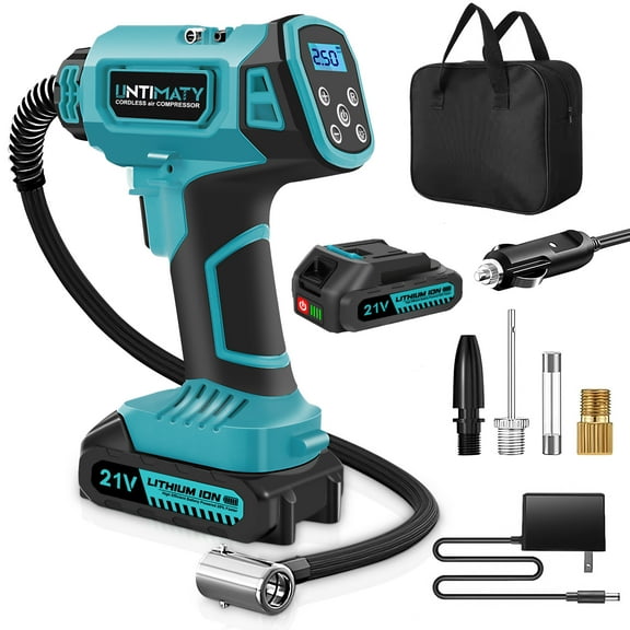 Cordless Tire Inflator, UNTIMATY Portable Air Compressor, 150PSI Handheld Air Pump with 21V Rechargeable Battery, Digital Pressure Gauge for Cars Motorcycles, Blue