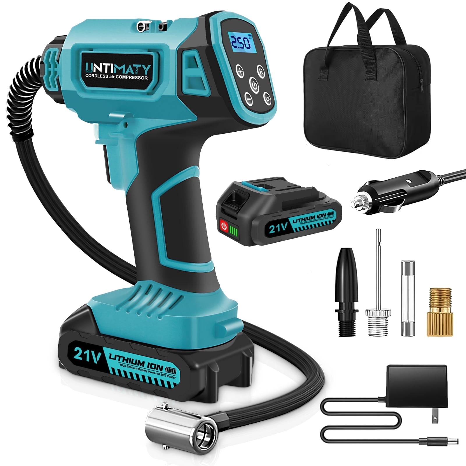 Cordless Tire Inflator, UNTIMATY Portable Air Compressor, 150PSI Handheld Air Pump with 21V Rechargeable Battery, Digital Pressure Gauge for Cars Motorcycles, Blue