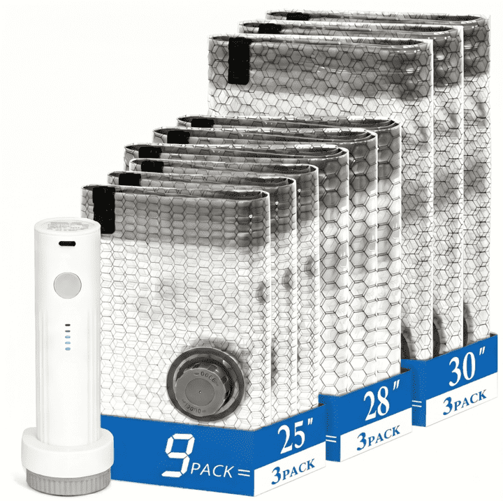 Cordless Travel Vacuum Bag with Rechargeable Pump - 9Pack Space Saver Bags for Luggage/Clothes Compression, Usb Electric Vacuum Sealer