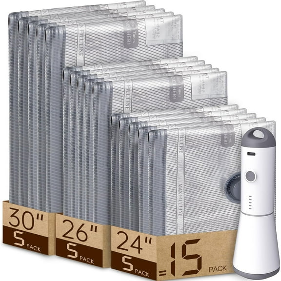 Cordless Travel Vacuum Bag Set with Rechargeable Pump - 6/8/12/15 Packs Space Saver Bags for Luggage, Clothes Compression Storage, Portable USB Electric Vacuum Seal System