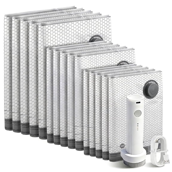 Cordless Travel Vacuum Storage Compression Bag Set, 15-Pack in 3 Sizes with USB Rechargeable Handheld Pump, Reusable Waterproof Space Saver Bags