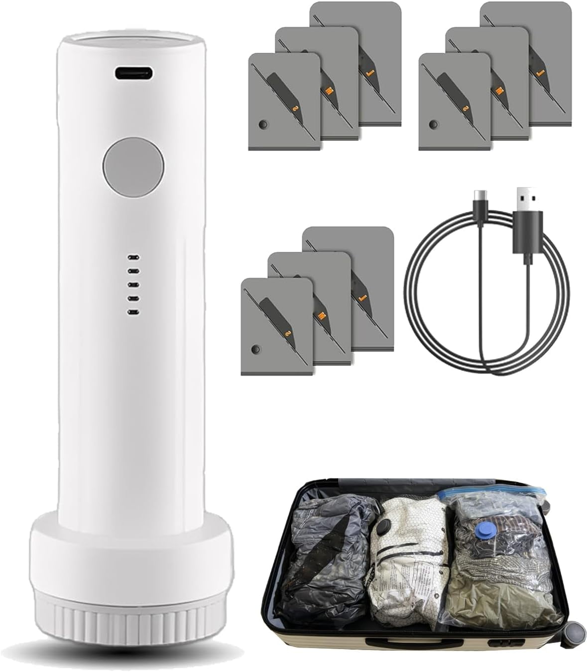Cordless Travel Vacuum Storage Compression Bag Set, 6 Pack & 9pack, 3 Sizes, USB Rechargeable Handheld Pump with Built-In Battery Reusable, Saves Clothing and Packing Space(White 9)