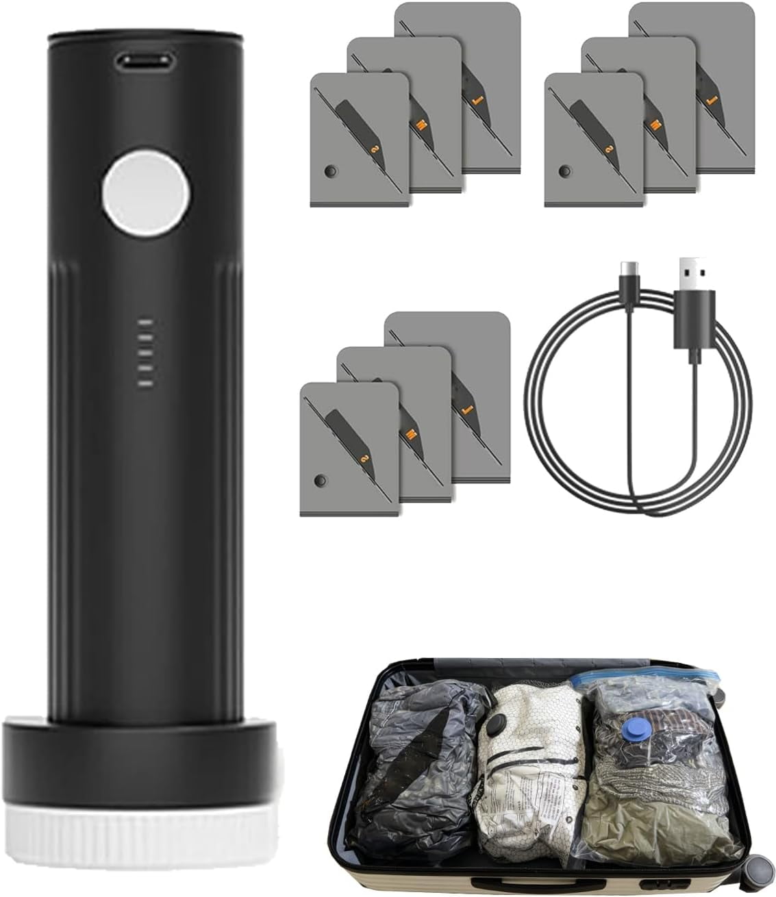 Cordless Travel Vacuum Storage Compression Bag Set, 6 Pack & 9pack, 3 Sizes, USB Rechargeable Handheld Pump with Built-In Battery Reusable, Saves Clothing and Packing Space(Black 9)