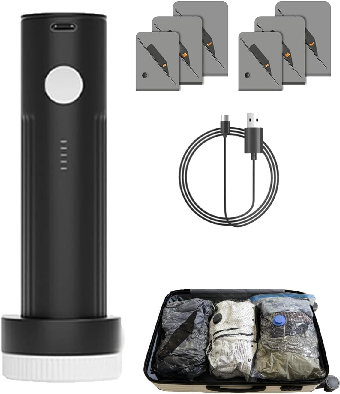 Cordless Travel Vacuum Storage Compression Bag Set, 6 Pack & 9pack, 3 Sizes, USB Rechargeable Handheld Pump with Built-In Battery Reusable, Saves Clothing and Packing Space(Black 6)