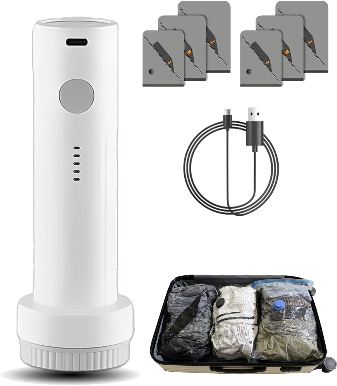 Cordless Travel Vacuum Storage Compression Bag Set, 6 Pack & 9pack, 3 Sizes, USB Rechargeable Handheld Pump with Built-In Battery Reusable, Saves Clothing and Packing Space(White 6)