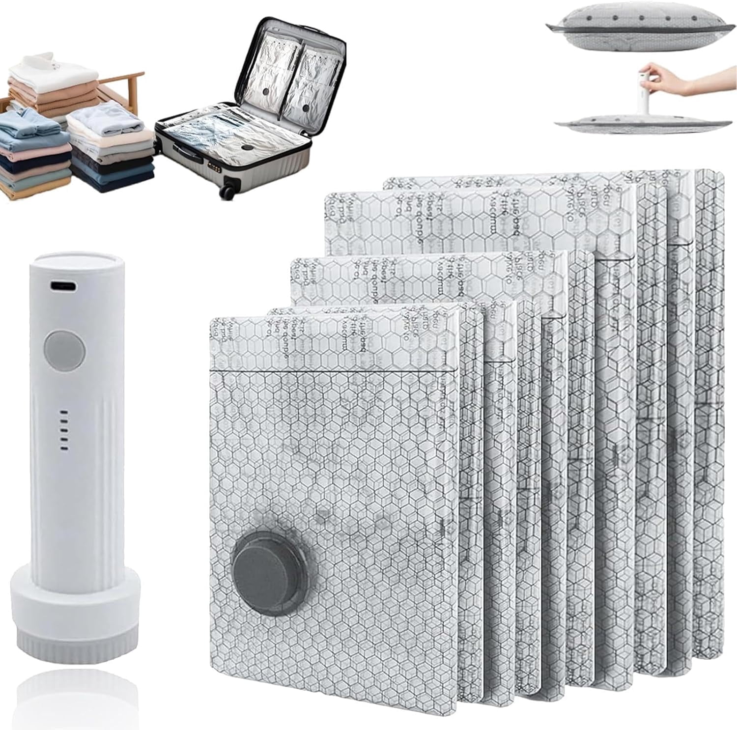 Cordless Travel Vacuum Storage Compression Bag Set, Vacuum Travel Bags with Pump, Free Up 80% More Space, Reusable Space, for Clothing and Bedding