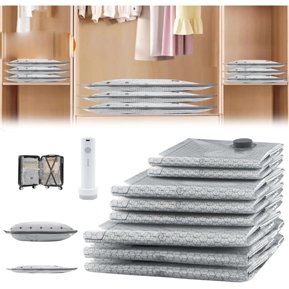 Cordless Travel Vacuum Storage Compression Bag Set, Waterproof, Tear-Resistant, Fast & Efficient Compression, Slim, Lightweight Durable & Reusable, Space Saver Vacuum Storage Bags (S*3+M*3+L*3)