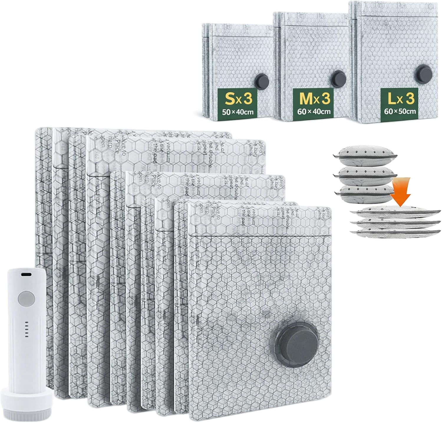 Cordless USB-Rechargeable Vacuum Storage Bags Set – 6/9/12/15/18 Packs Ultra-Compact Space Saver for Travel & Home Organization