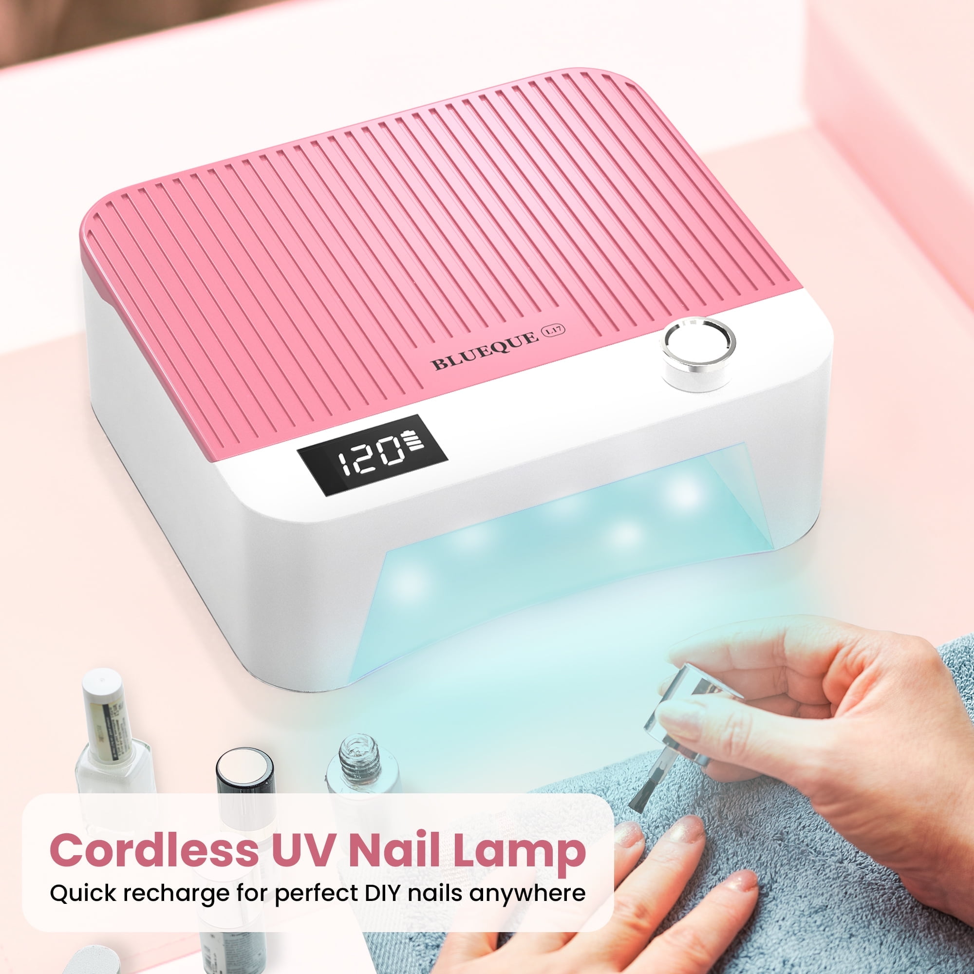 Cordless UV LED Nail Lamp, 60W Rechargeable Nail Dryer Gel Polish Light, Intelligent Auto Sensor LCD Display Nail Lamp  With 4 Timer Setting-Pink