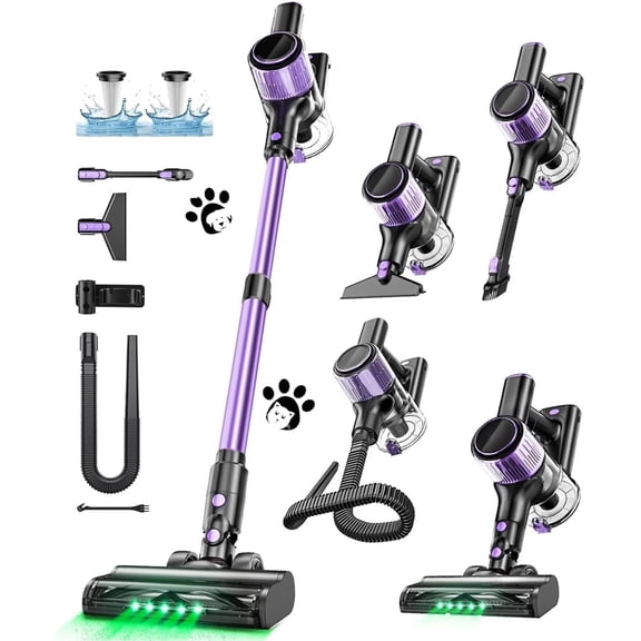Cordless Vacuum Cleaner, 10 in 1 Stick Vacuum with Suction, Hose, Green LED Light, Anti-Tangle Brush, Lightweight Rechargeable Vacuum Cleaner for , Hardwood Floors, Carpets