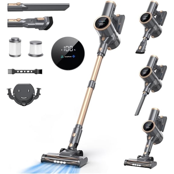 Cordless Vacuum Cleaner, 30 KPa Suction, 60-Min Runtime, Self-Standing, LED Display, Rechargeable Handheld Vacuum (Gold) Bestseling