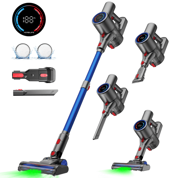 Cordless Vacuum Cleaner, 40kPa/500W Power Suction, LED Display, 6-in-1 Lightweight Stick Vacuum with Green LED Light, 6-Stages Filtration, Self-Standing for Pet Hair Hard Floor Carpet