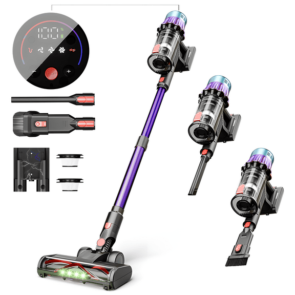 Cordless Vacuum Cleaner, 450W 45Kpa Stick Vacuum with Touch Screen, 55 Mins Runtime Rechargeable Vacuum, Lightweight Powerful Vacuum Cleaner for Home with 1.5L Cup for Pet Hair Carpet Hardwood Floor