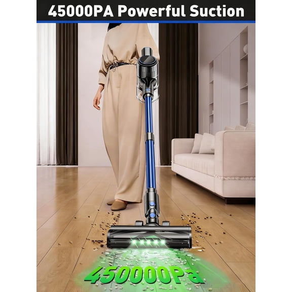 Cordless Vacuum Cleaner, 45KPA 8 in 1 Lightweight Vacuum Cleaners for Home, 50Mins Anti-Tangle Stick Vacuum, LED Display, Rechargeable Vacuum for Pet Hair/Carpet/Floor (Blue)