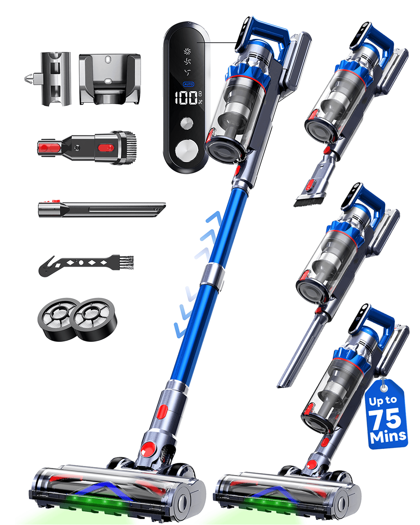 Cordless Stick Vacuum Cleaner,650W/55KPa Powerful with Auto Mode & 3 Speeds,75 Mins Runtime Touch Screen Rechargeable Vacuums for Pet Hair,Carpet